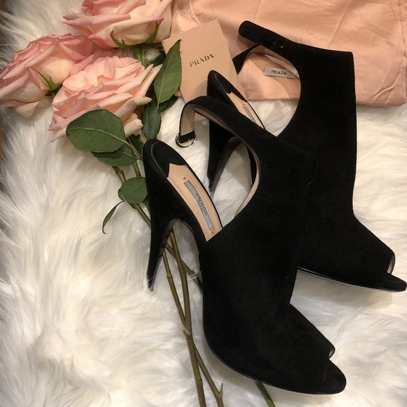 Prada Shoes - Prada Suede Peep Open Toe Ankle Strap Bootie